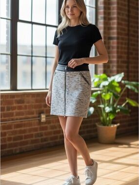 Rock & Republic Heathered White and Black Mini Skirt with Front Zipper